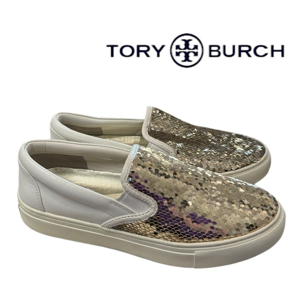 Tory Burch Women's Sequin Gold/Snow White Carter Slip-on Sneakers 7
